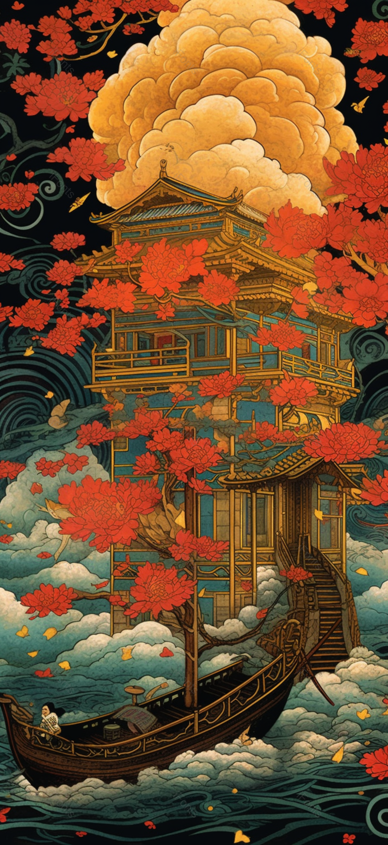 国潮风古建筑祥云背景插画手绘图,插画/手绘图,插画/手绘图库,插画/手绘图下载,插画/手绘